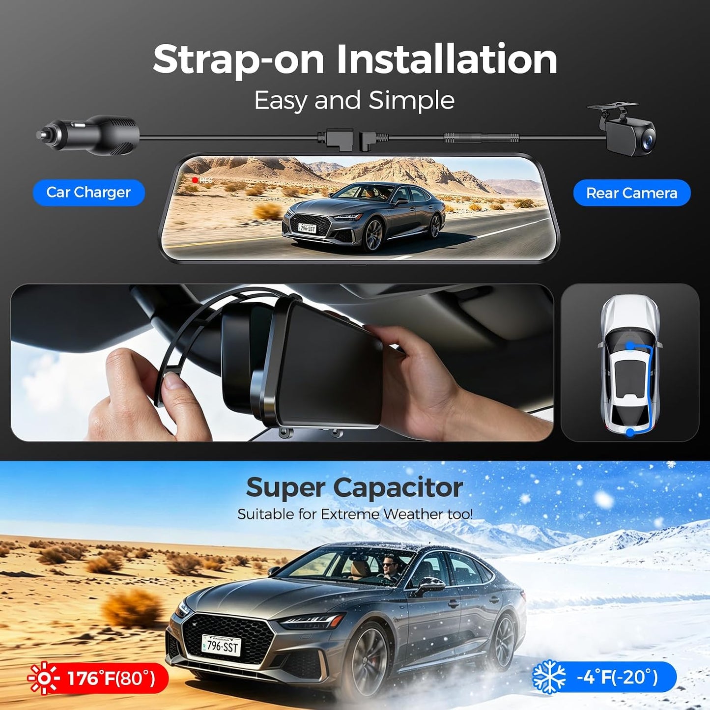 Mirror Dash Cam,Rear View Mirror Camera 10'', 1080P FHD Full Touch Screen Dash Cam Front and Rearcam with Night Vision, Streaming Media 170°Wide Angle Parking Assistance Free 32GB Card