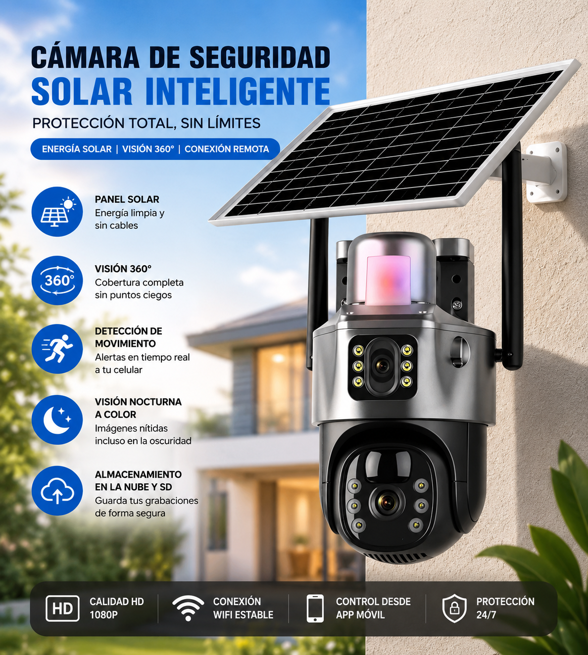Cámara de Seguridad Solar WiFi 8MP Doble Lente