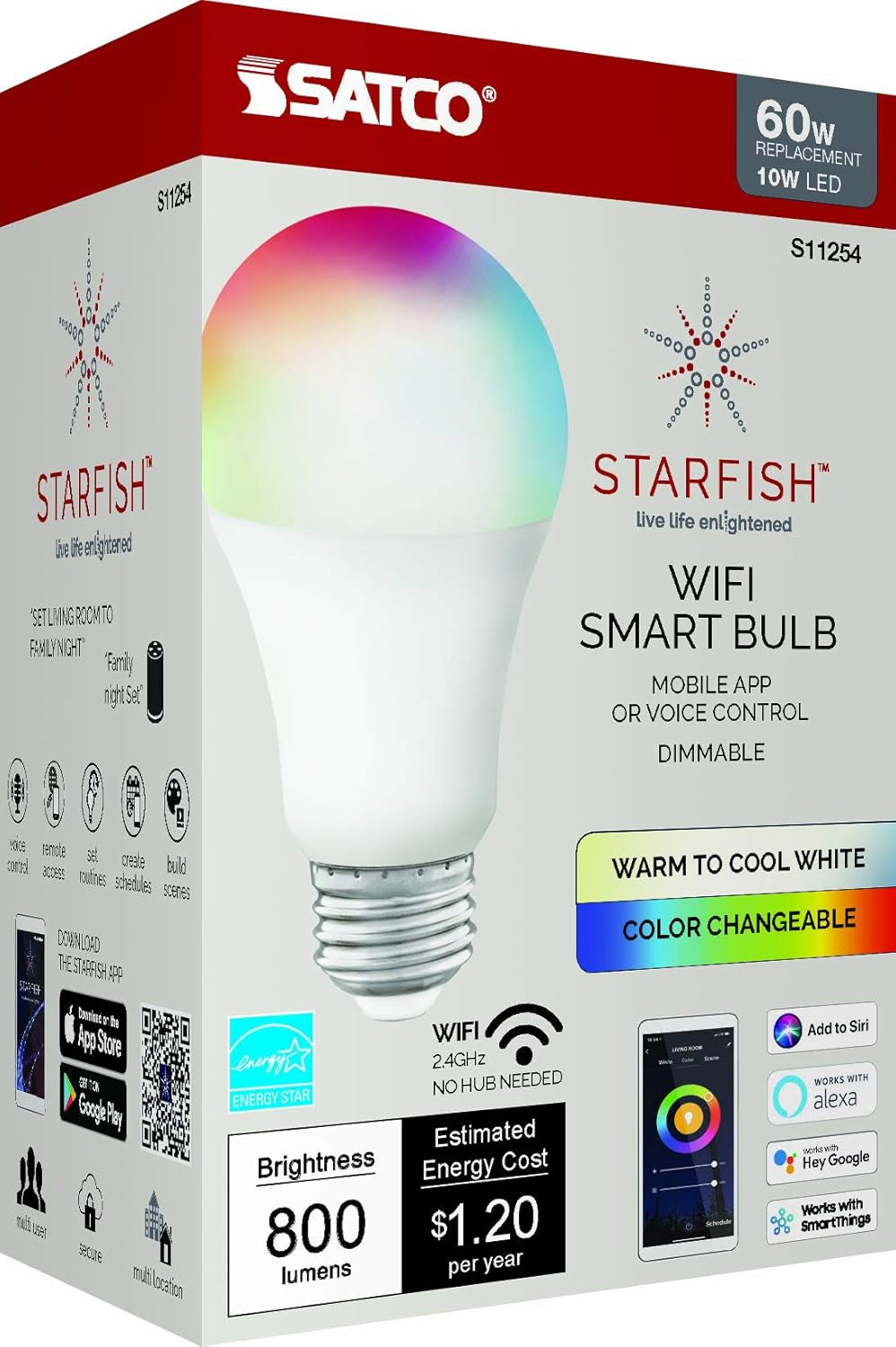 S11254 Starfish 10-Watt A19 Wifi Smart LED Color-Changing Light Bulb, Works with Siri, Alexa, Google Assistant, Smartthings, 2700K-5000K, 800 Lumens