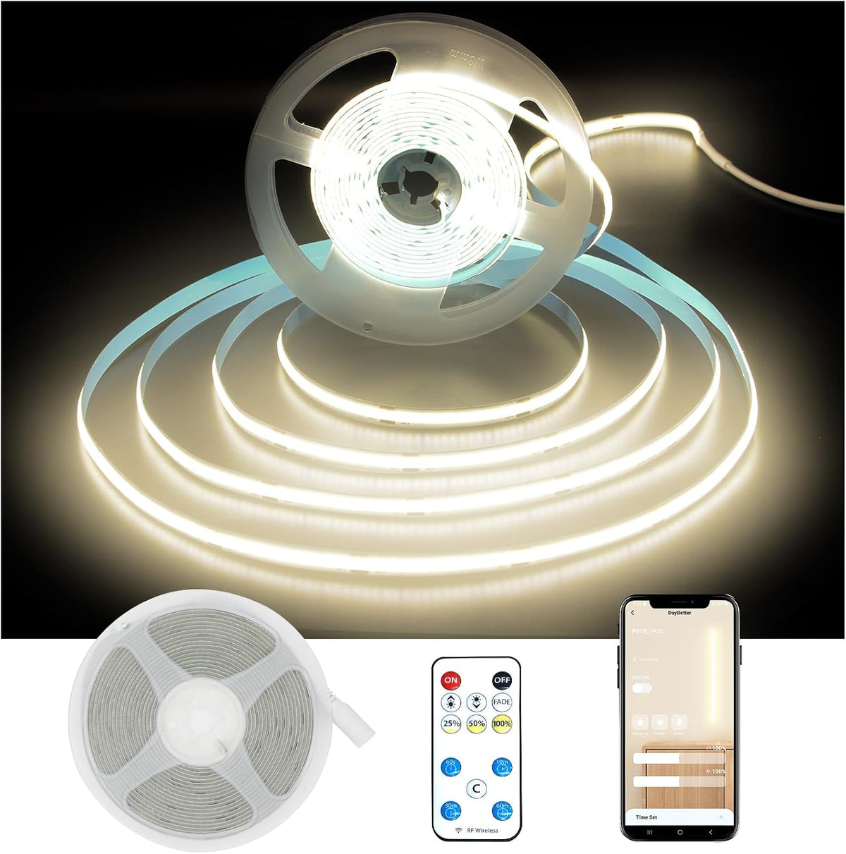 COB LED Strip Light,Led Lights for Bedroom 16.4Ft,Natural White 4000K Dotless LED Light Strip,1600 Leds Super Bright Dimmable 24V Flexible Tape Lights with Remote,Kitchen,Cabinets Lighting