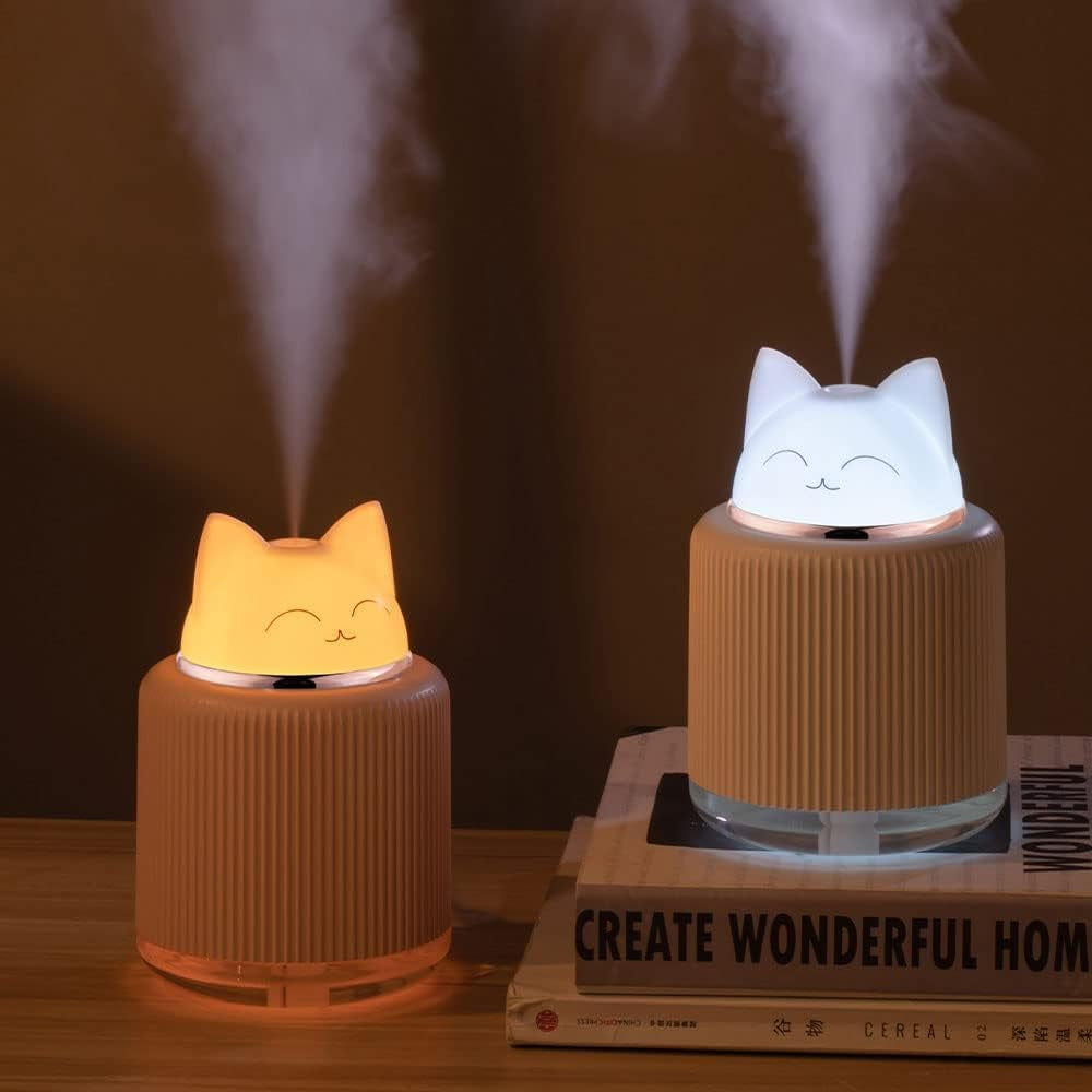 Mini Humidifier-Cute Cat Mist Humidifier for Kids Bedroom, Small Ultrasonic Humidifier for Home Car Office with USB 2 LED Colors, Waterless Auto Shutoff, Quiet 300Ml (White)