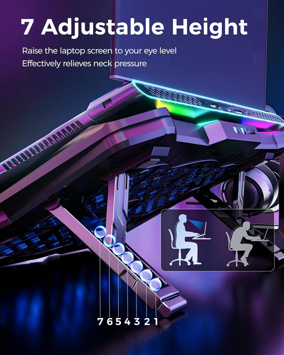 Laptop Cooling Pad with 8 Cooler Fans for 15.6-17.3 Inch Computers | RGB Atmosphere Lights, Computer Base Stand with 7 Height Slots, Blue LED Lights with Fans, 2 USB Ports, AA3