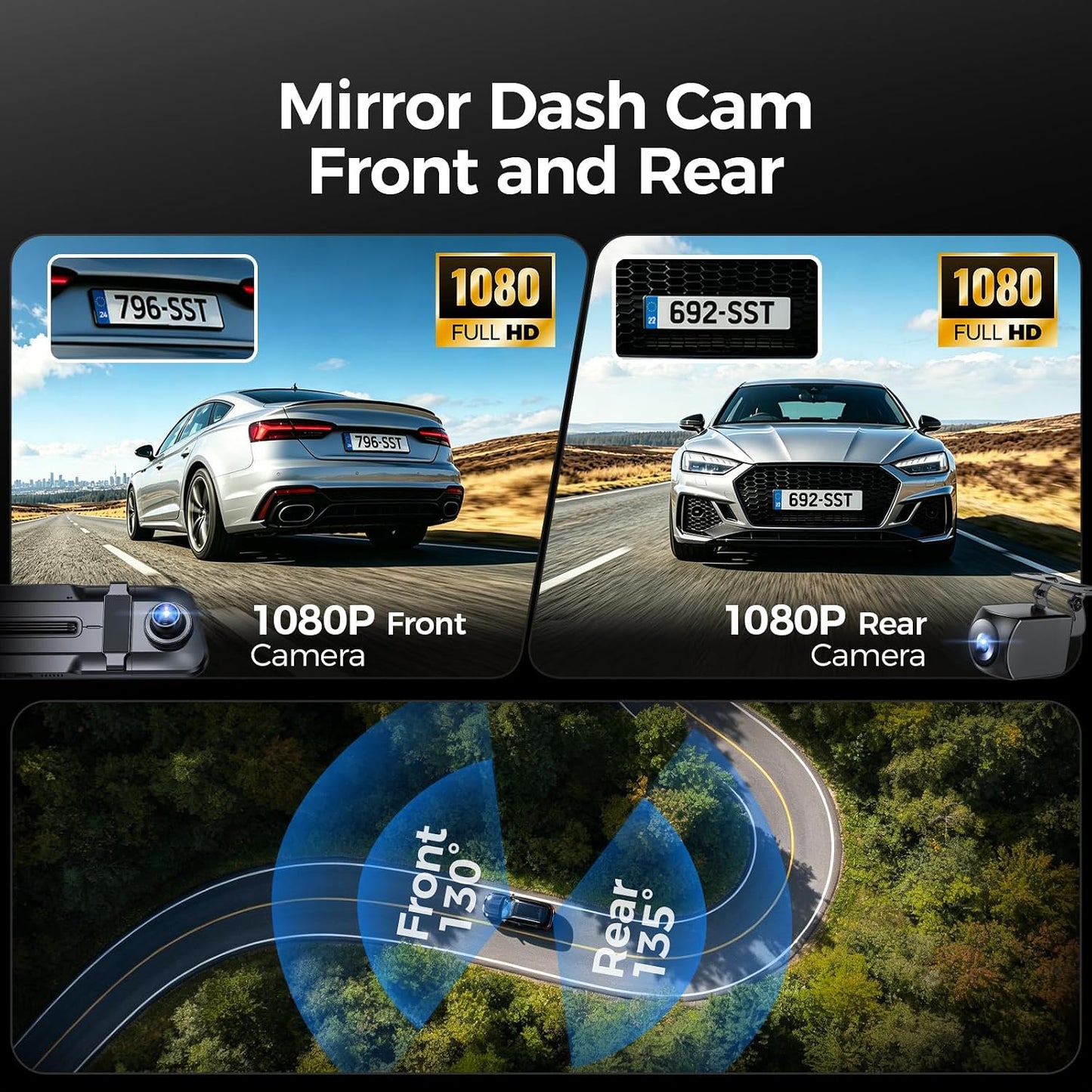 Mirror Dash Cam,Rear View Mirror Camera 10'', 1080P FHD Full Touch Screen Dash Cam Front and Rearcam with Night Vision, Streaming Media 170°Wide Angle Parking Assistance Free 32GB Card