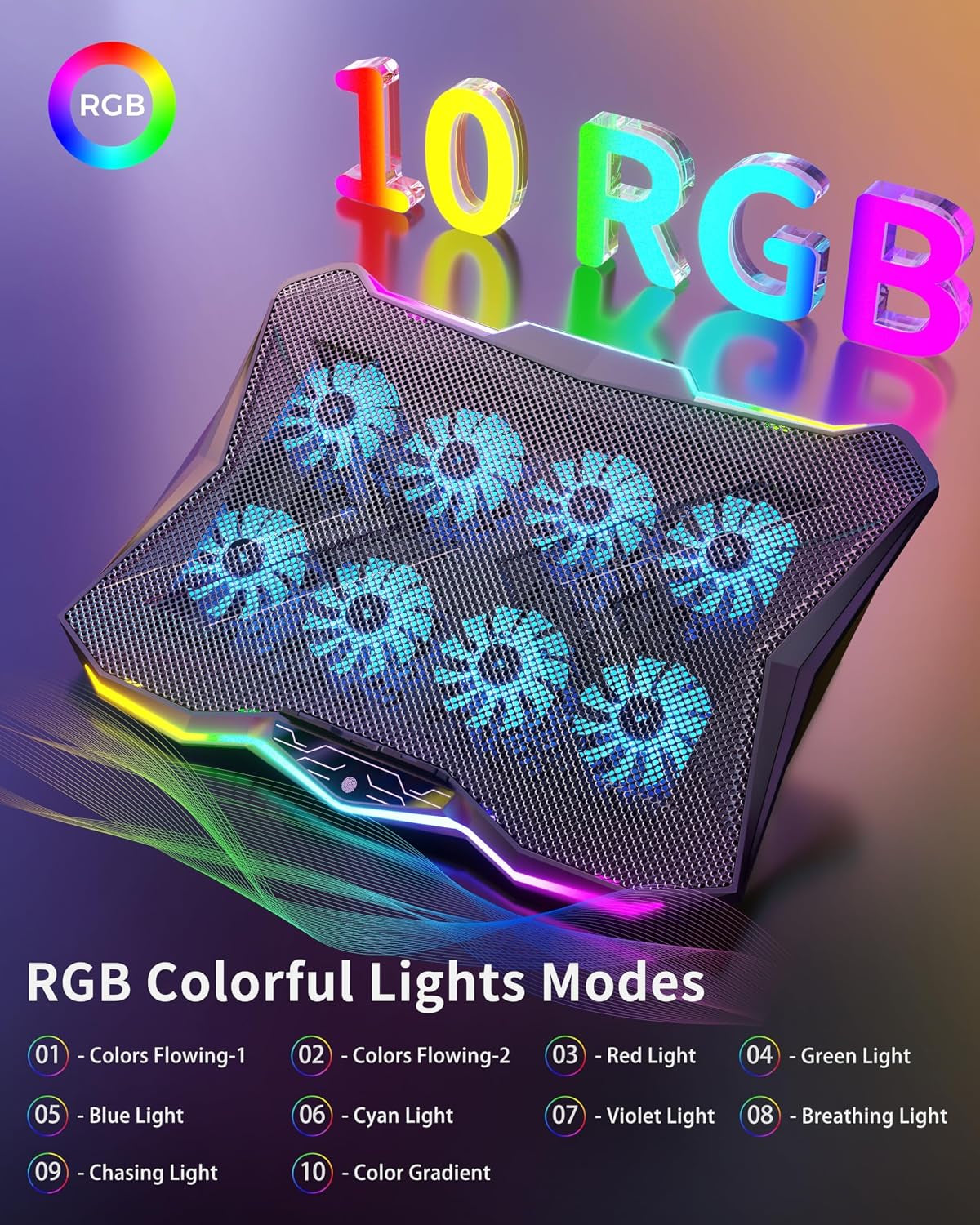 Laptop Cooling Pad with 8 Cooler Fans for 15.6-17.3 Inch Computers | RGB Atmosphere Lights, Computer Base Stand with 7 Height Slots, Blue LED Lights with Fans, 2 USB Ports, AA3
