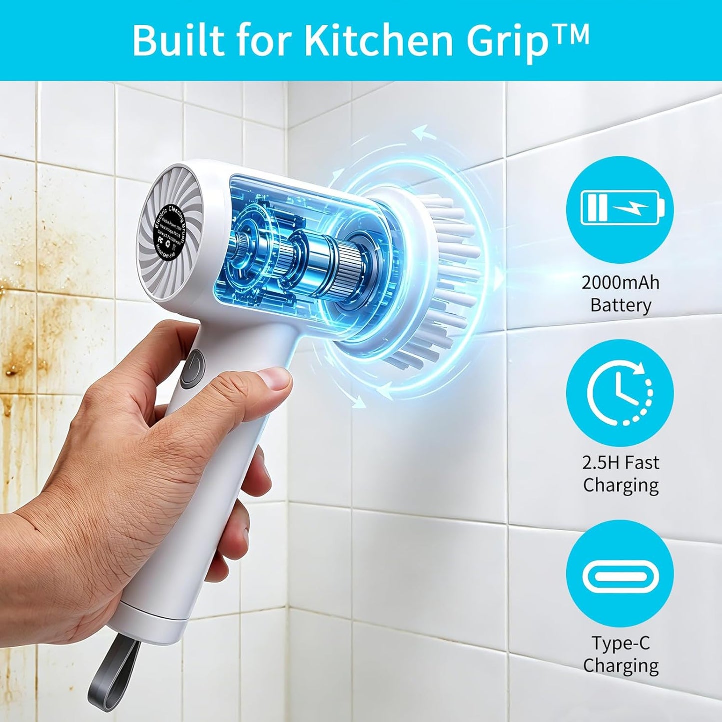 Cepillo Eléctrico Giratorio para Limpieza de Baño y Cocina