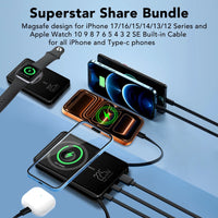 Magnetic Portable Charger with Built-In-Cable, Iwatch Charger, 10000Mah Power Bank with Display, Foldable Stand, 22.5W Fast Charging Travel Battery Pack Compatible with Iphone and Apple Watch
