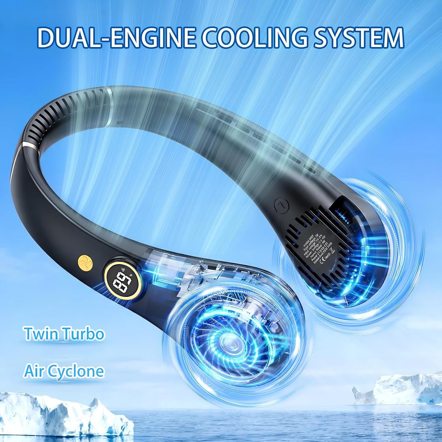 Portable Neck Fan, Rechargeable Hands-Free Wearable Fan, 5 Speeds, Bladeless & LED Display, Long Use Time, Personal Cooling Fan for Travel, Outdoors, Camping (Black)