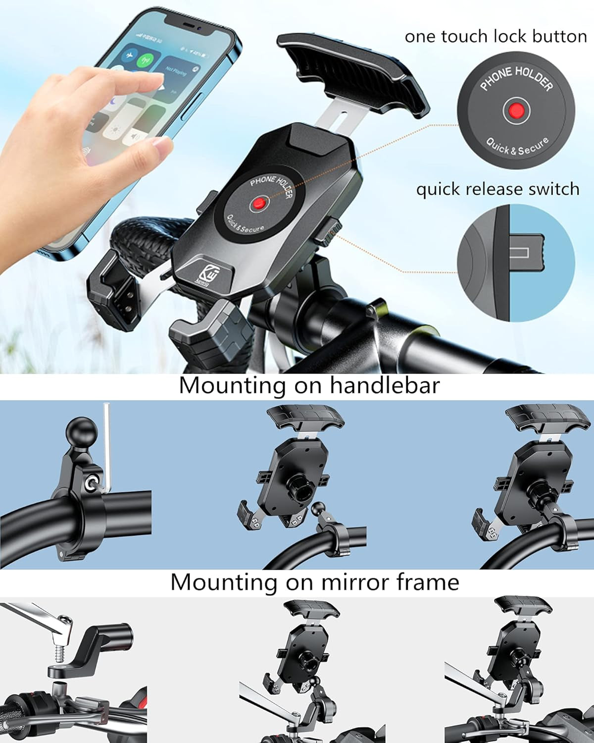Bike Motorcycle Phone Mount Holder, 1S Locking | with Solid Aluminum Alloy Mounting Base, Handlebar Cell Phone Clip for Bicycle ATV Scooter, Fit 4-7'' Smartphone