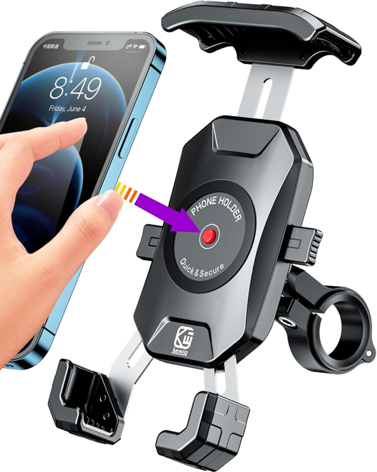 Bike Motorcycle Phone Mount Holder, 1S Locking | with Solid Aluminum Alloy Mounting Base, Handlebar Cell Phone Clip for Bicycle ATV Scooter, Fit 4-7'' Smartphone