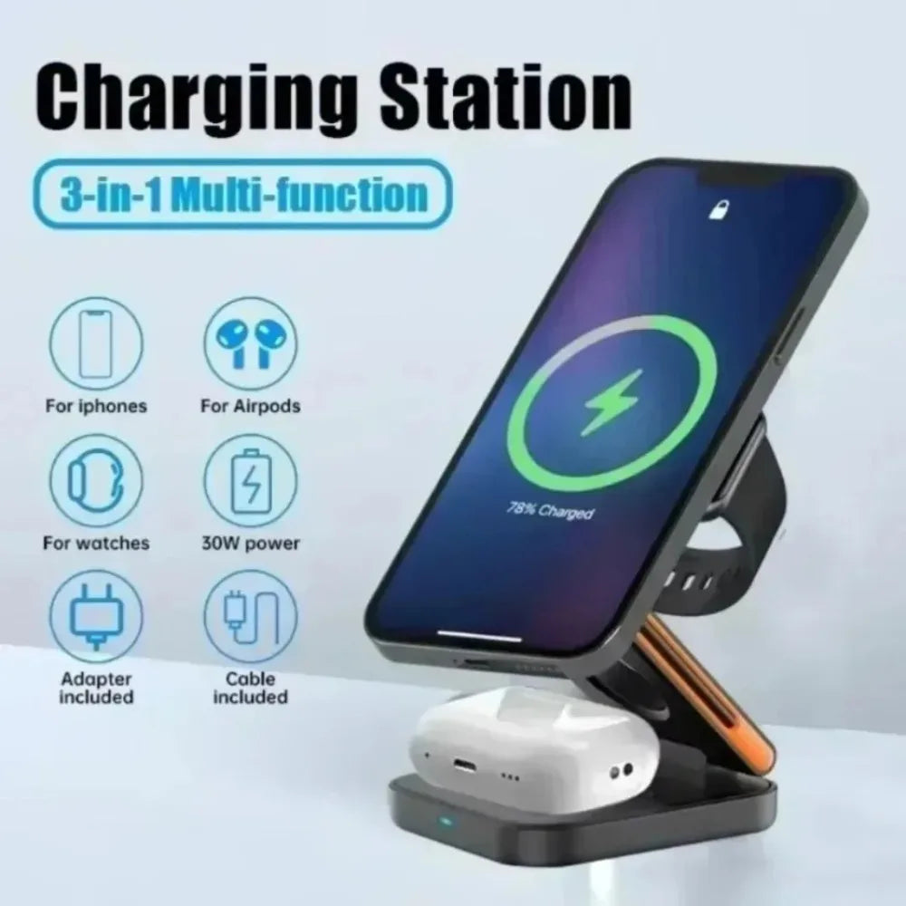 3 in 1 Foldable Magnetic Wireless Charger Stand Fast Charging Station for Iphone 16 15 14 13 12 Iwatch 10-2 Airpods Pro Max