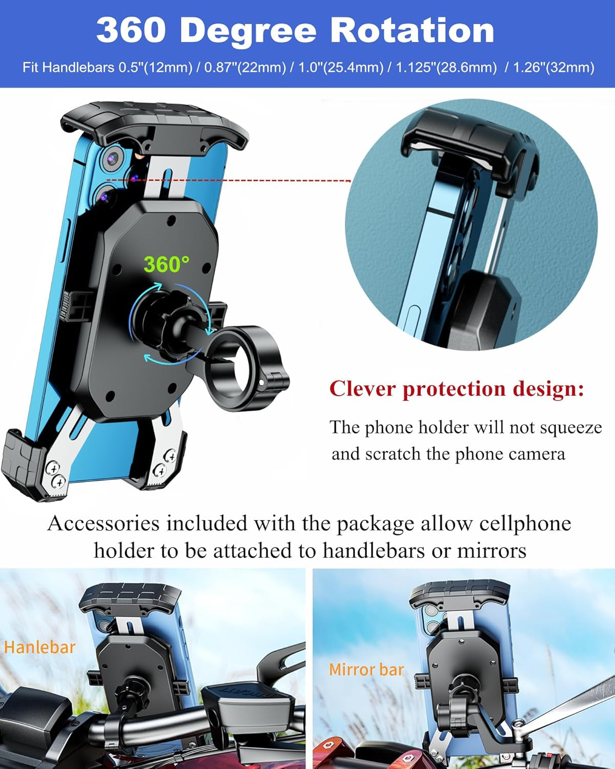 Bike Motorcycle Phone Mount Holder, 1S Locking | with Solid Aluminum Alloy Mounting Base, Handlebar Cell Phone Clip for Bicycle ATV Scooter, Fit 4-7'' Smartphone