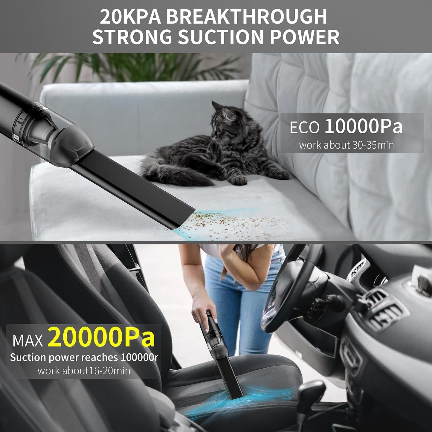 Handheld Car Vacuum Cleaner, Cordless Portable 20KPA Powerful Suction with LED Light, 2-In-1 Air Inflator, Low Noise Rechargeable Mini for Car Home Pet Office