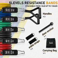 Resistance Bands with Handles, Exercise Bands for Men & Women | 10-50 Lbs Resistance Training Set Stackable to 150 for Home Gym,Therapy & Fitness,Include Door Anchor, Ankle Straps ,Carrybag