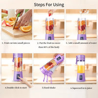 Portable Blender USB Rechargeable Juicer Cup with Six Blades Smoothies Mixer Fruit Machine 380Ml Water Bottle for Sports Travel Outdoors