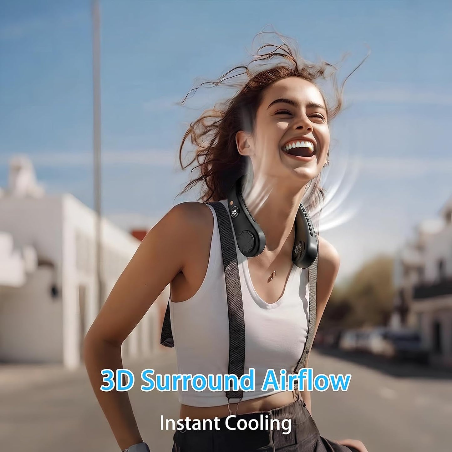 Portable Neck Fan, Rechargeable Hands-Free Wearable Fan, 5 Speeds, Bladeless & LED Display, Long Use Time, Personal Cooling Fan for Travel, Outdoors, Camping (Black)