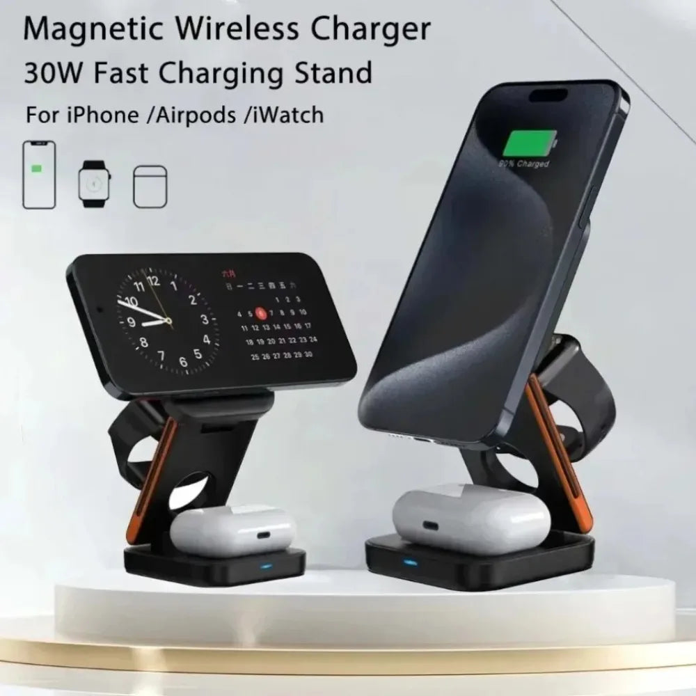 3 in 1 Foldable Magnetic Wireless Charger Stand Fast Charging Station for Iphone 16 15 14 13 12 Iwatch 10-2 Airpods Pro Max