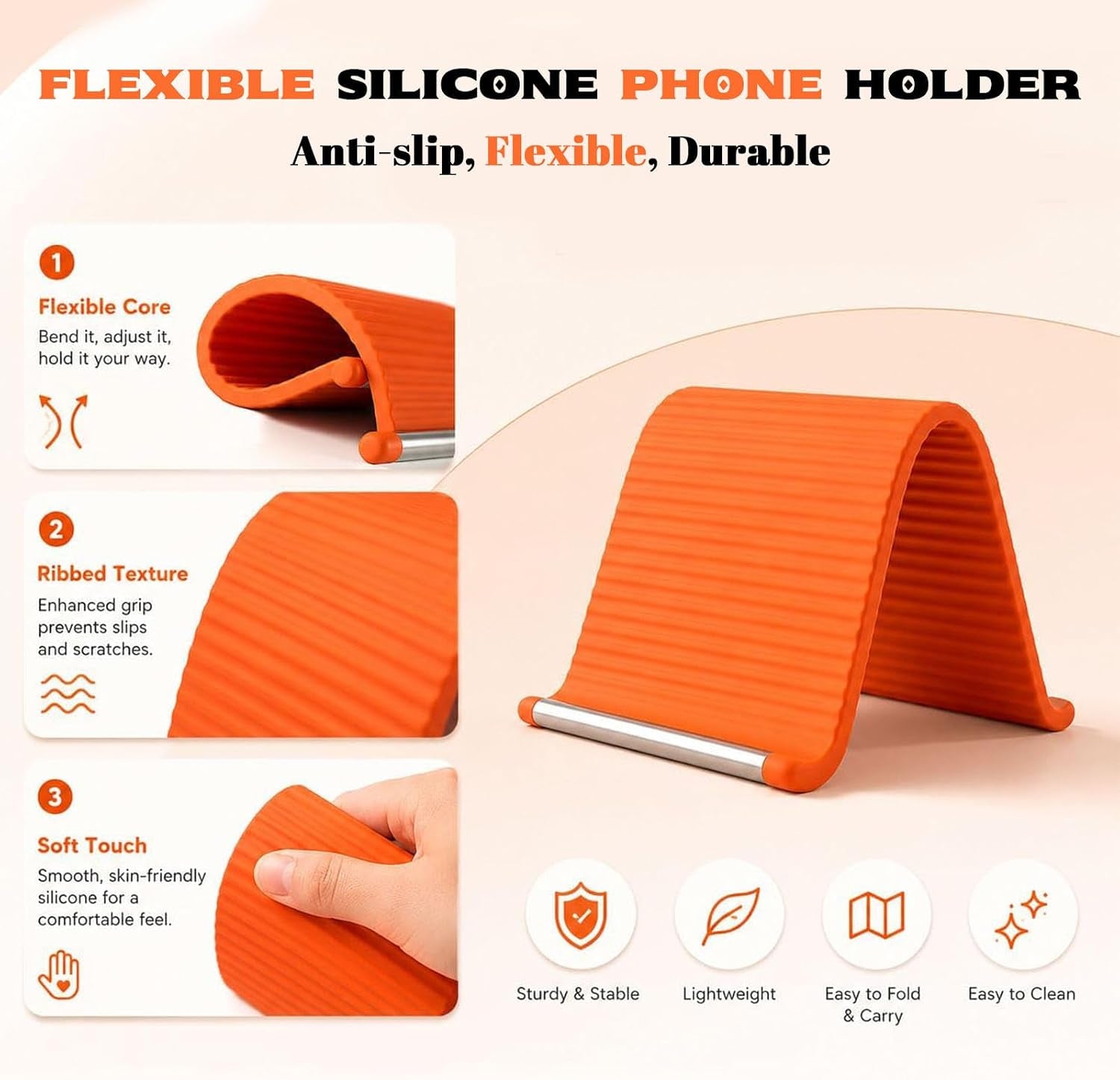 2PCS Flexible Silicone Phone Holder Flexible Silicone Phone Stand Orange*2 | Flexible Silicone Phone Holder Folded into Any Shape, Universa Anti-Slip Desktop Mount for Home Office Travel