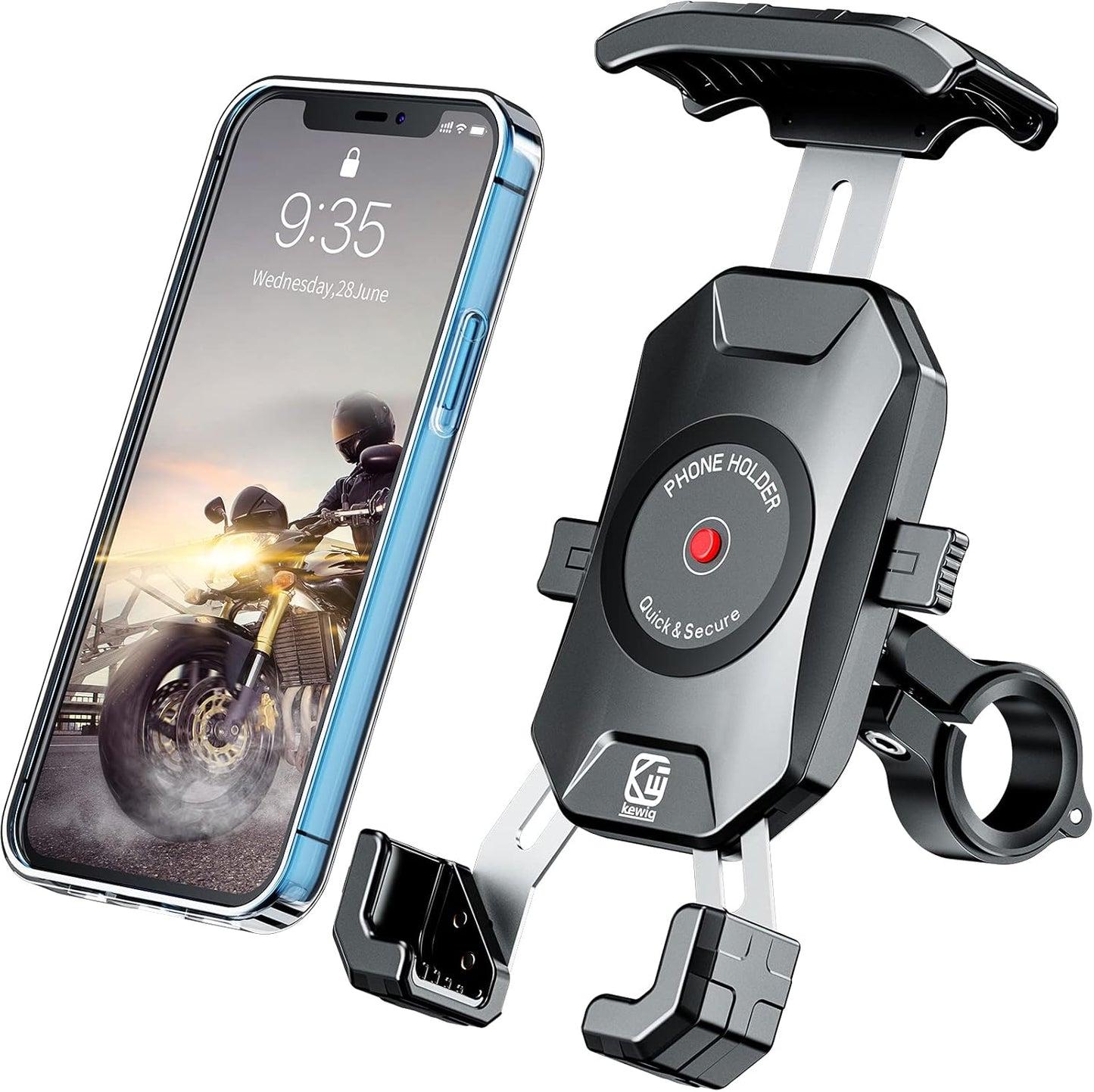 Bike Motorcycle Phone Mount Holder, 1S Locking | with Solid Aluminum Alloy Mounting Base, Handlebar Cell Phone Clip for Bicycle ATV Scooter, Fit 4-7'' Smartphone