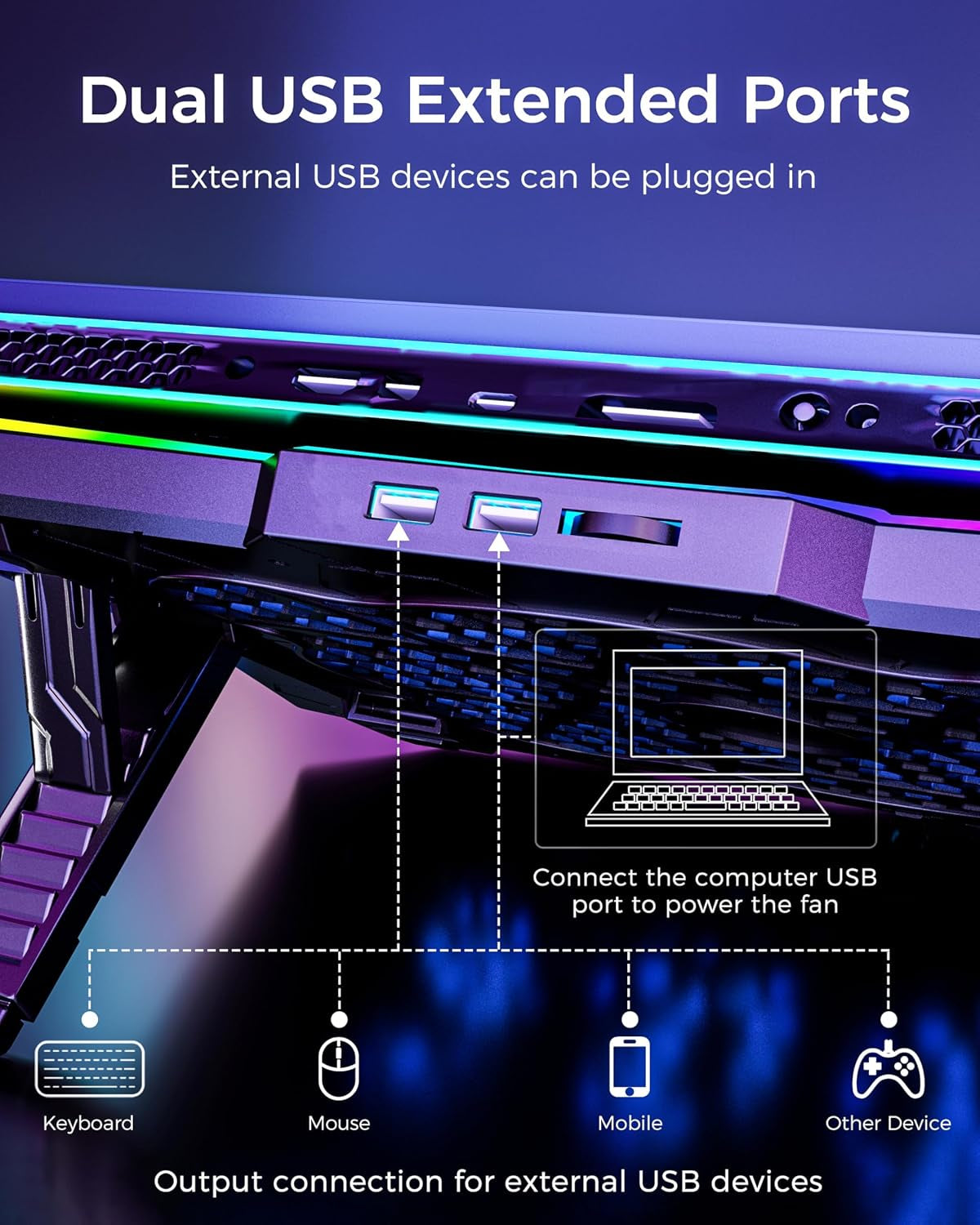 Laptop Cooling Pad with 8 Cooler Fans for 15.6-17.3 Inch Computers | RGB Atmosphere Lights, Computer Base Stand with 7 Height Slots, Blue LED Lights with Fans, 2 USB Ports, AA3