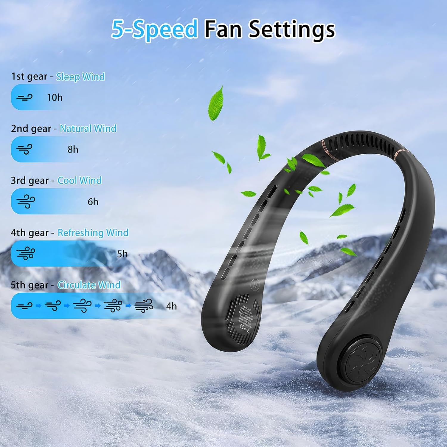 Portable Neck Fan, Rechargeable Hands-Free Wearable Fan, 5 Speeds, Bladeless & LED Display, Long Use Time, Personal Cooling Fan for Travel, Outdoors, Camping (Black)