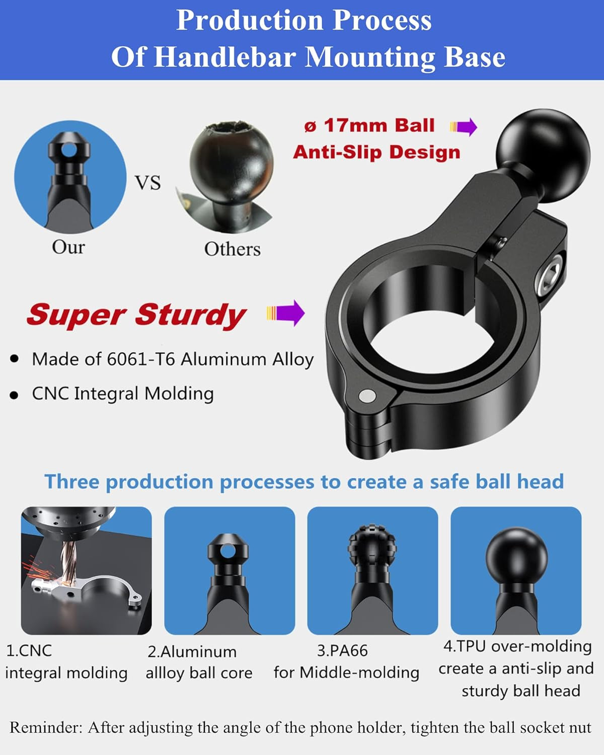 Bike Motorcycle Phone Mount Holder, 1S Locking | with Solid Aluminum Alloy Mounting Base, Handlebar Cell Phone Clip for Bicycle ATV Scooter, Fit 4-7'' Smartphone