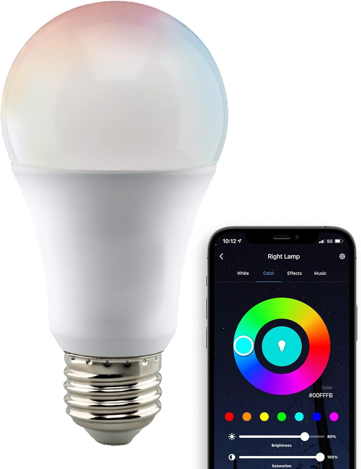 S11254 Starfish 10-Watt A19 Wifi Smart LED Color-Changing Light Bulb, Works with Siri, Alexa, Google Assistant, Smartthings, 2700K-5000K, 800 Lumens