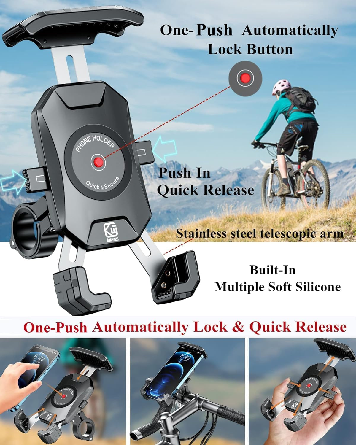Bike Motorcycle Phone Mount Holder, 1S Locking | with Solid Aluminum Alloy Mounting Base, Handlebar Cell Phone Clip for Bicycle ATV Scooter, Fit 4-7'' Smartphone