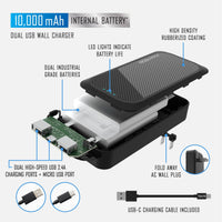 Endurance AC 10,000Mah, Portable Power Bank Charger with Built-In Wall Plug, Black
