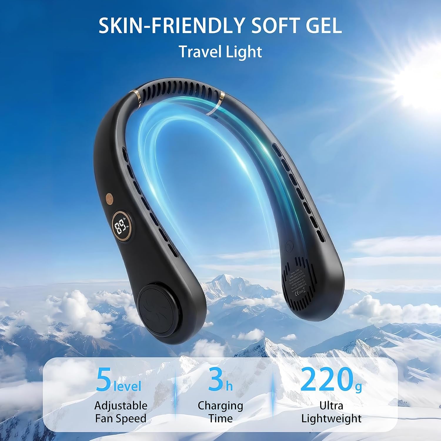 Portable Neck Fan, Rechargeable Hands-Free Wearable Fan, 5 Speeds, Bladeless & LED Display, Long Use Time, Personal Cooling Fan for Travel, Outdoors, Camping (Black)