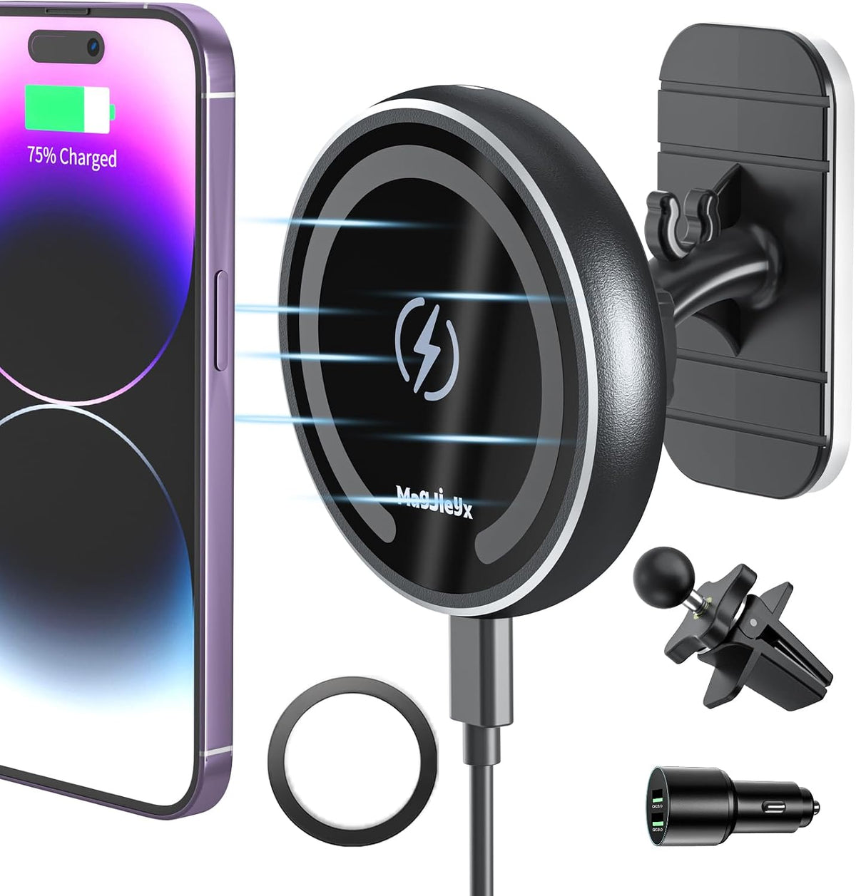 For Magsafe Car Mount Charger for Magnetic Wireless Charging for Iphone12/13/14/15/16Pro,Pro Max,Plus,Mini,Vent&Dashboard Strong Magnets Phone Holder with Fast 36W QC 3.0 Adapter(Dark Black)