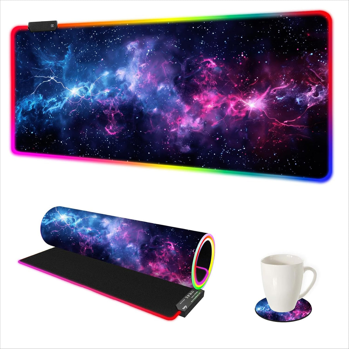 LED Gaming Mouse Pad RGB, Large Mouse Pad with 14 Light Modes, Keyboard Mousepad Led Extended Surface (35.4 X 15.8 In) for Desktop Gamers, Blue Purple Starry Nebula
