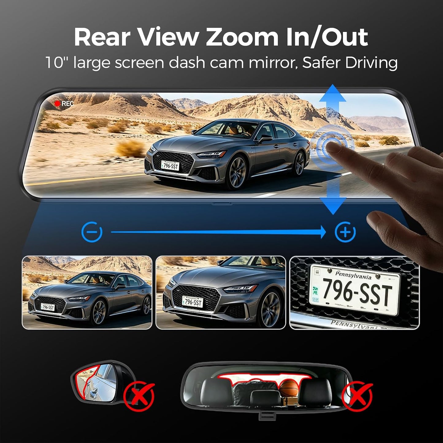 Mirror Dash Cam,Rear View Mirror Camera 10'', 1080P FHD Full Touch Screen Dash Cam Front and Rearcam with Night Vision, Streaming Media 170°Wide Angle Parking Assistance Free 32GB Card