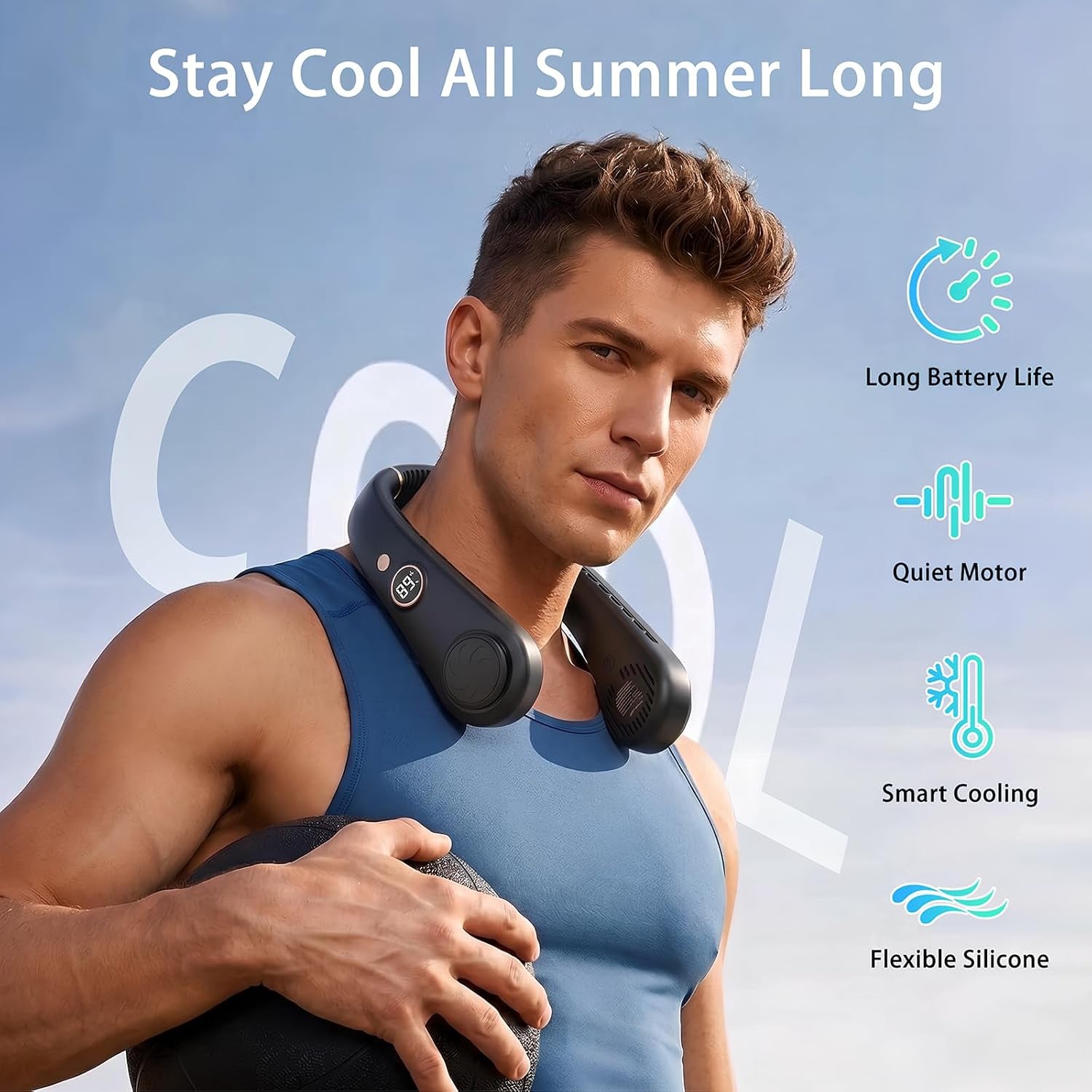 Portable Neck Fan, Rechargeable Hands-Free Wearable Fan, 5 Speeds, Bladeless & LED Display, Long Use Time, Personal Cooling Fan for Travel, Outdoors, Camping (Black)