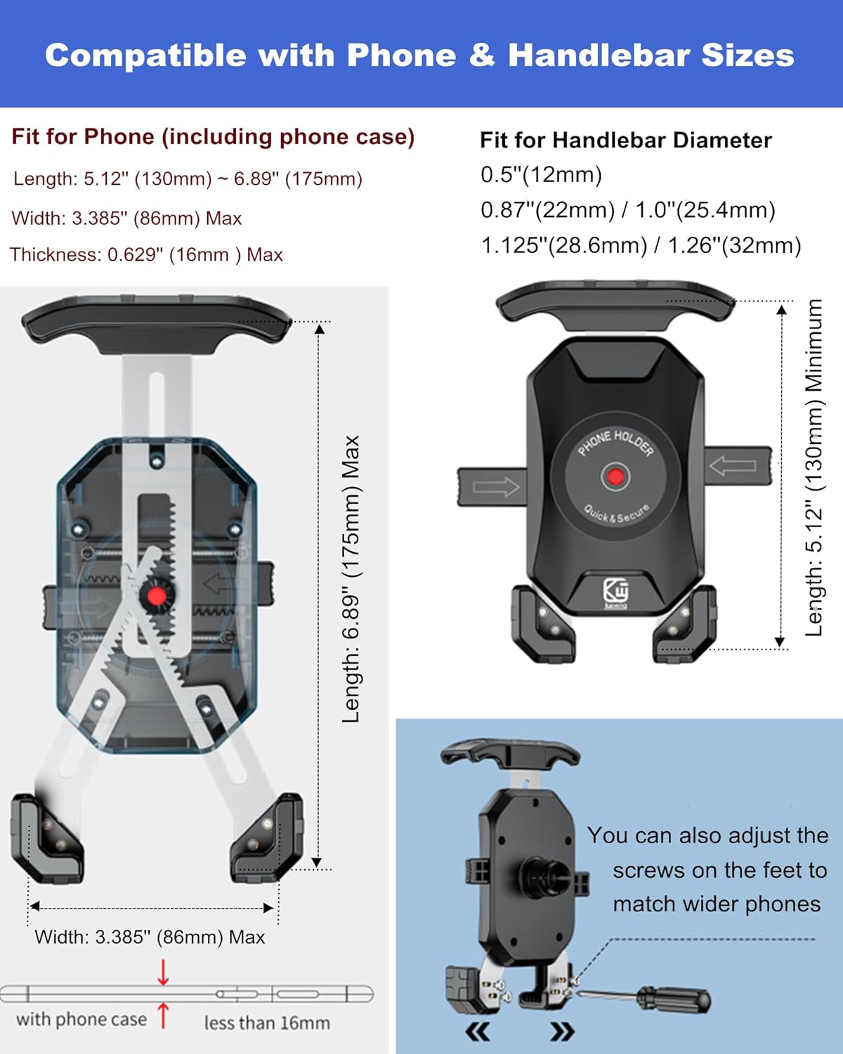 Bike Motorcycle Phone Mount Holder, 1S Locking | with Solid Aluminum Alloy Mounting Base, Handlebar Cell Phone Clip for Bicycle ATV Scooter, Fit 4-7'' Smartphone