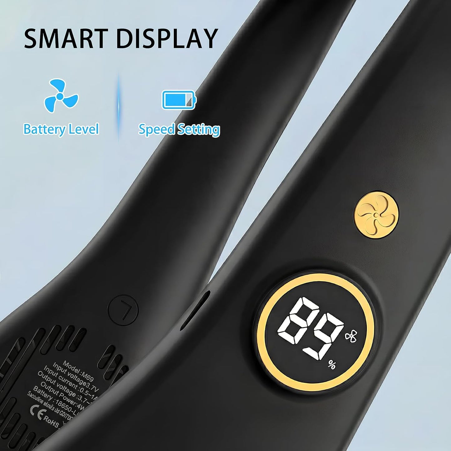Portable Neck Fan, Rechargeable Hands-Free Wearable Fan, 5 Speeds, Bladeless & LED Display, Long Use Time, Personal Cooling Fan for Travel, Outdoors, Camping (Black)