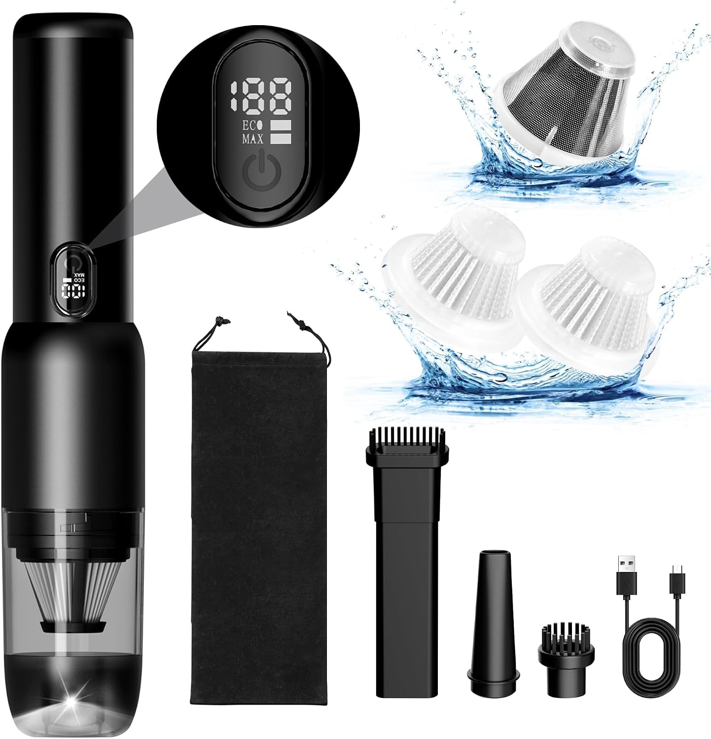 Handheld Car Vacuum Cleaner, Cordless Portable 20KPA Powerful Suction with LED Light, 2-In-1 Air Inflator, Low Noise Rechargeable Mini for Car Home Pet Office