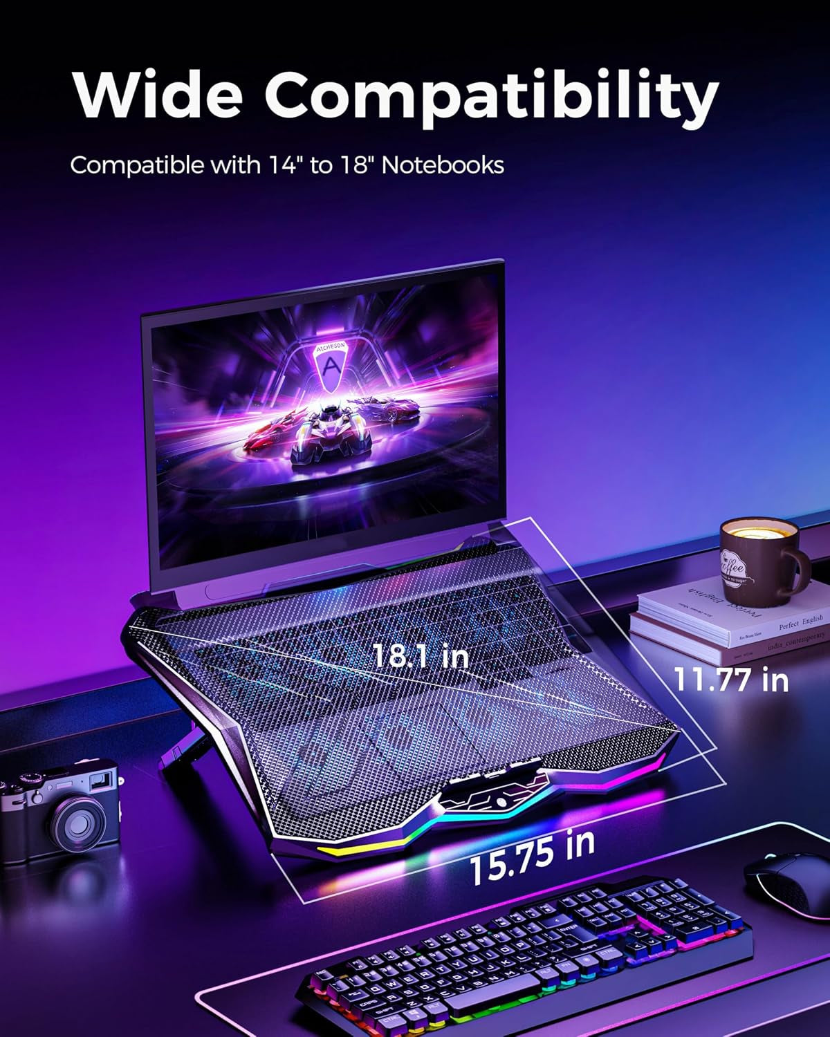 Laptop Cooling Pad with 8 Cooler Fans for 15.6-17.3 Inch Computers | RGB Atmosphere Lights, Computer Base Stand with 7 Height Slots, Blue LED Lights with Fans, 2 USB Ports, AA3