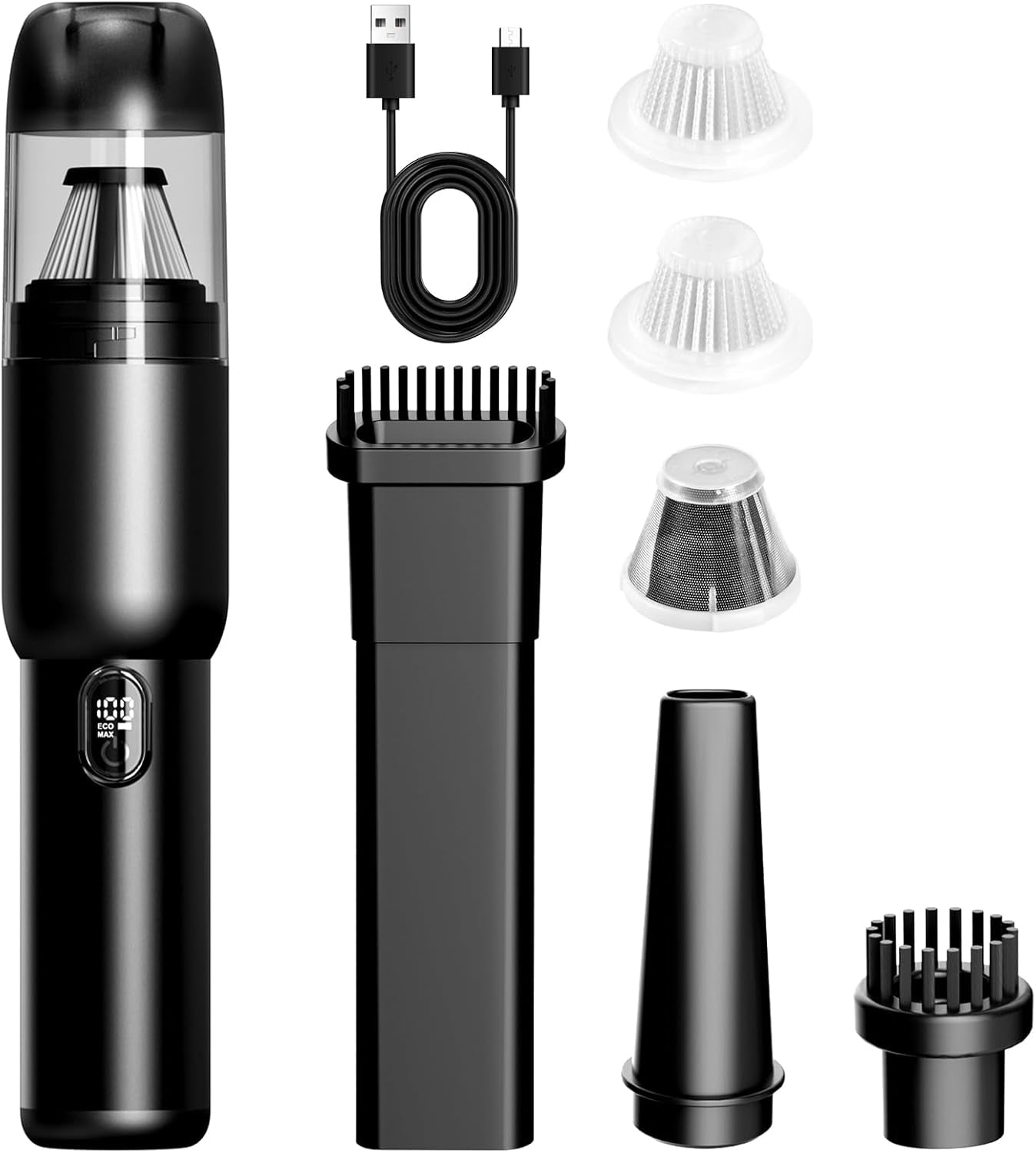 Handheld Car Vacuum Cleaner, Cordless Portable 20KPA Powerful Suction with LED Light, 2-In-1 Air Inflator, Low Noise Rechargeable Mini for Car Home Pet Office