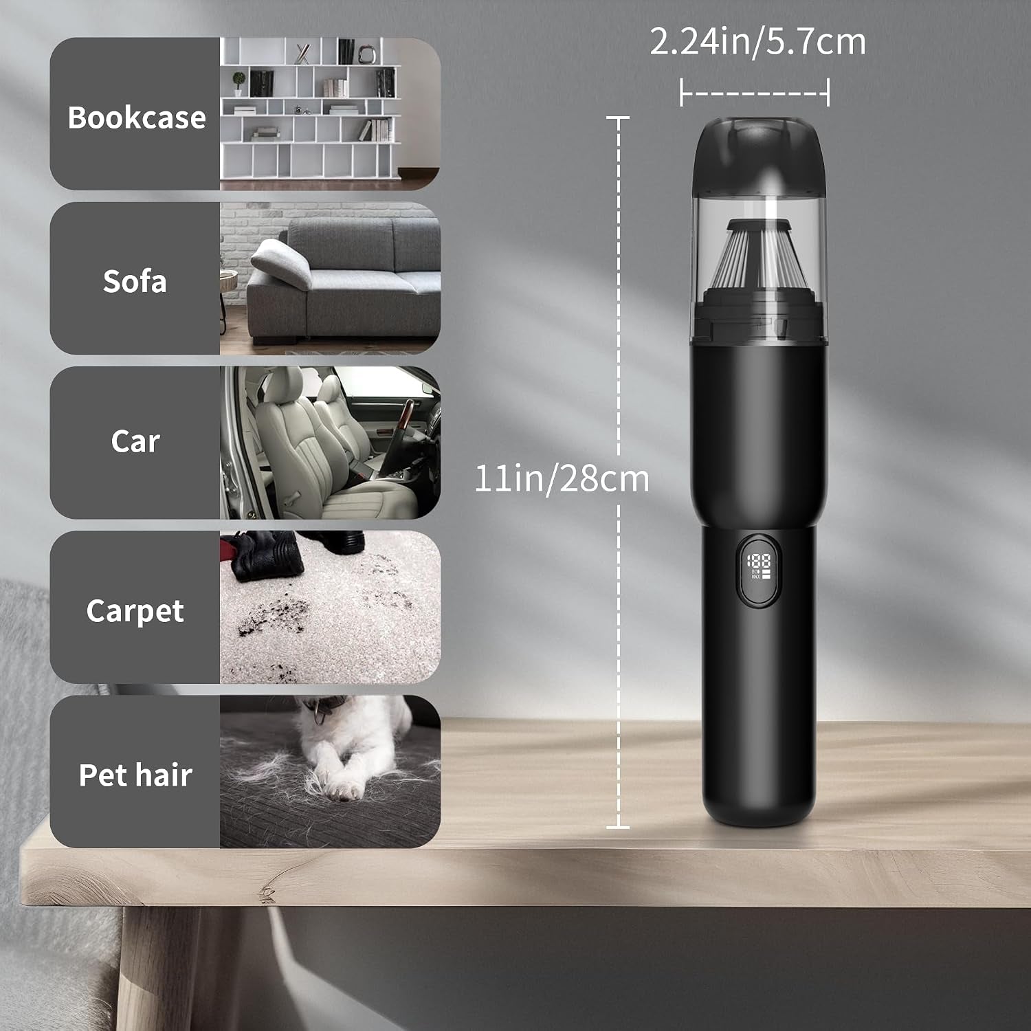 Handheld Car Vacuum Cleaner, Cordless Portable 20KPA Powerful Suction with LED Light, 2-In-1 Air Inflator, Low Noise Rechargeable Mini for Car Home Pet Office