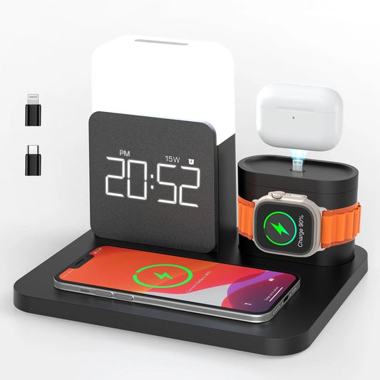 Wireless Charging Station 7 in 1 Compatible for Iphone 17/16/15/14/13/12 Pro Max, Apple Watch & Airpods with Alarm Clock, Night Light Black