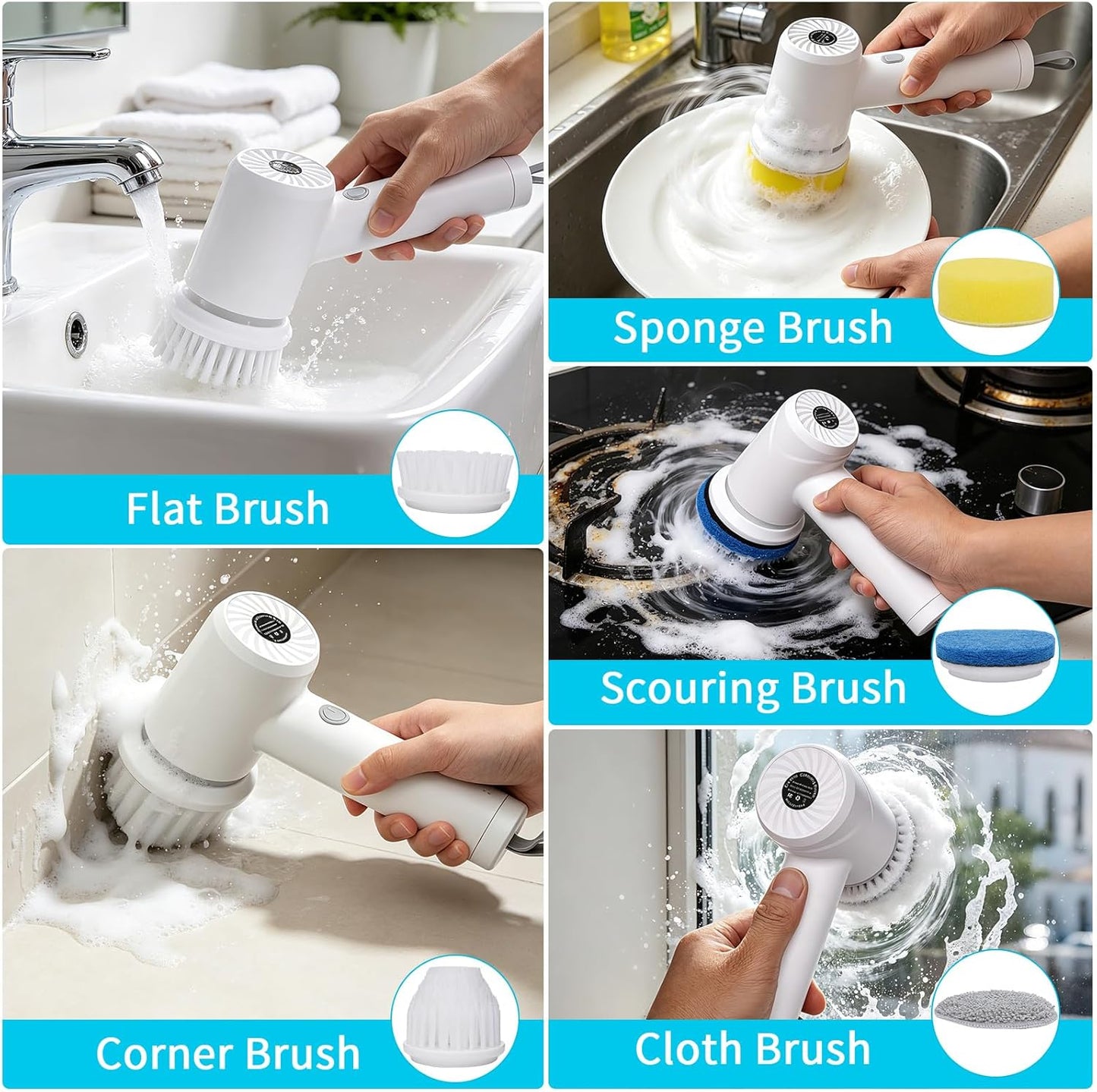 Cepillo Eléctrico Giratorio para Limpieza de Baño y Cocina
