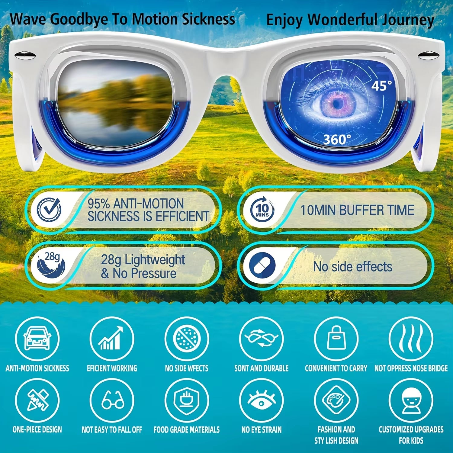 Kids' Motion Sickness Glasses - Ultra-Light Travel Essential for Car/Air/Sea and Cruise | Nausea Relief