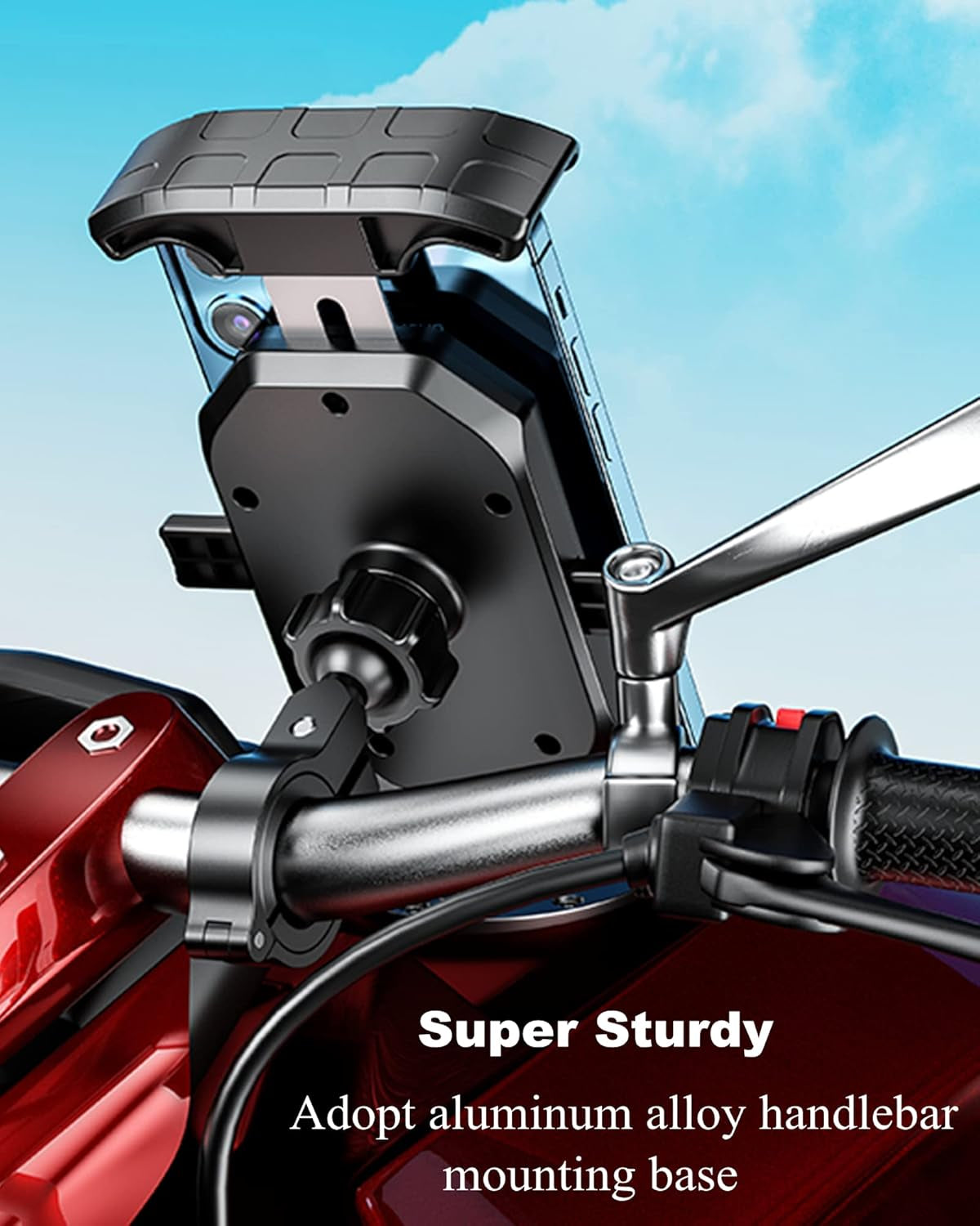 Bike Motorcycle Phone Mount Holder, 1S Locking | with Solid Aluminum Alloy Mounting Base, Handlebar Cell Phone Clip for Bicycle ATV Scooter, Fit 4-7'' Smartphone