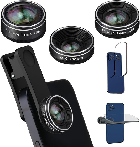 Phone Camera Lens, 198 Fisheye Lens + 120 Super Wide-Angle Lens + 20X Macro Lenses Camera Photography Accessories Kit Gadgets for Iphone Samsung Android Smartphone