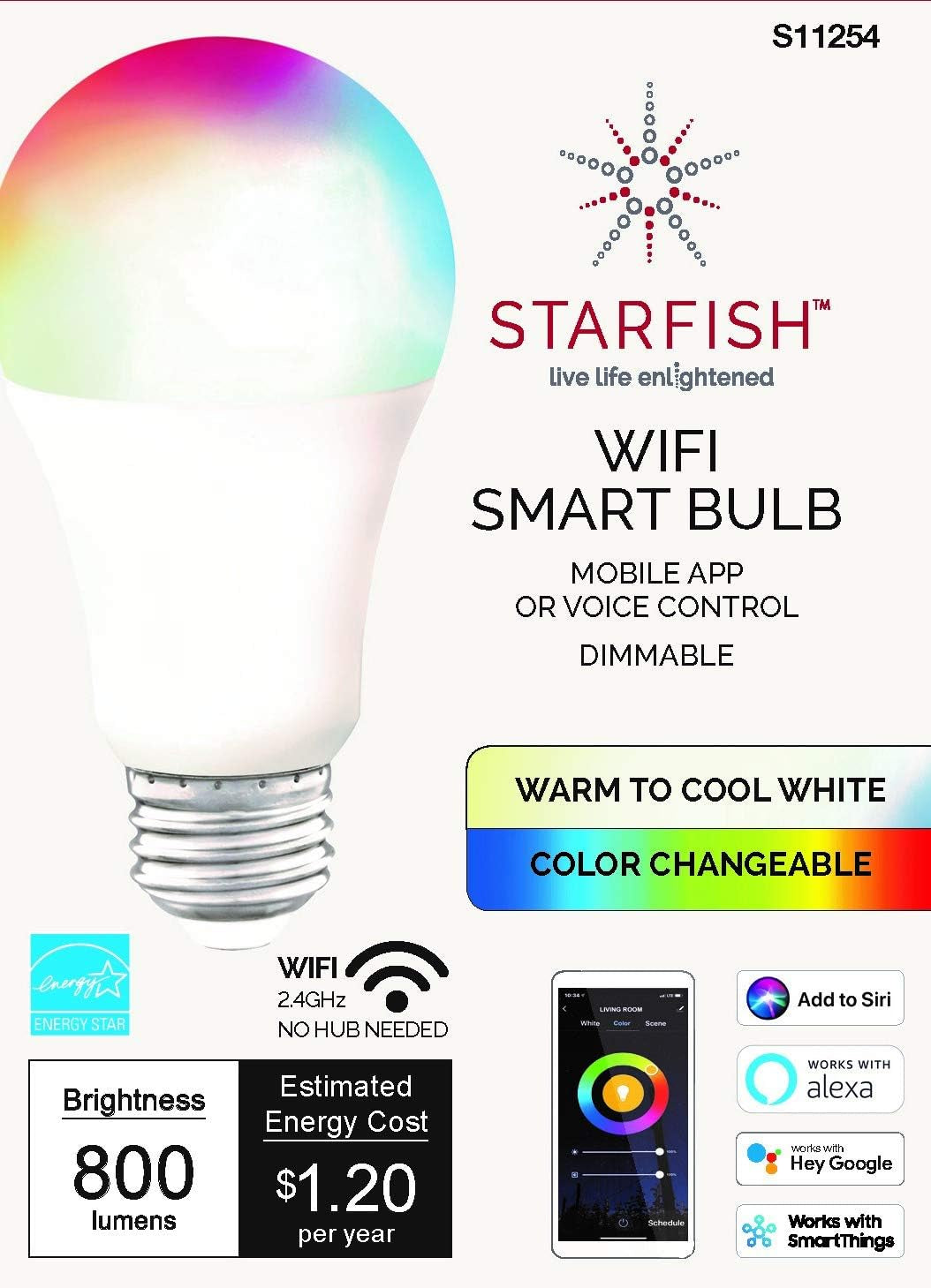 S11254 Starfish 10-Watt A19 Wifi Smart LED Color-Changing Light Bulb, Works with Siri, Alexa, Google Assistant, Smartthings, 2700K-5000K, 800 Lumens