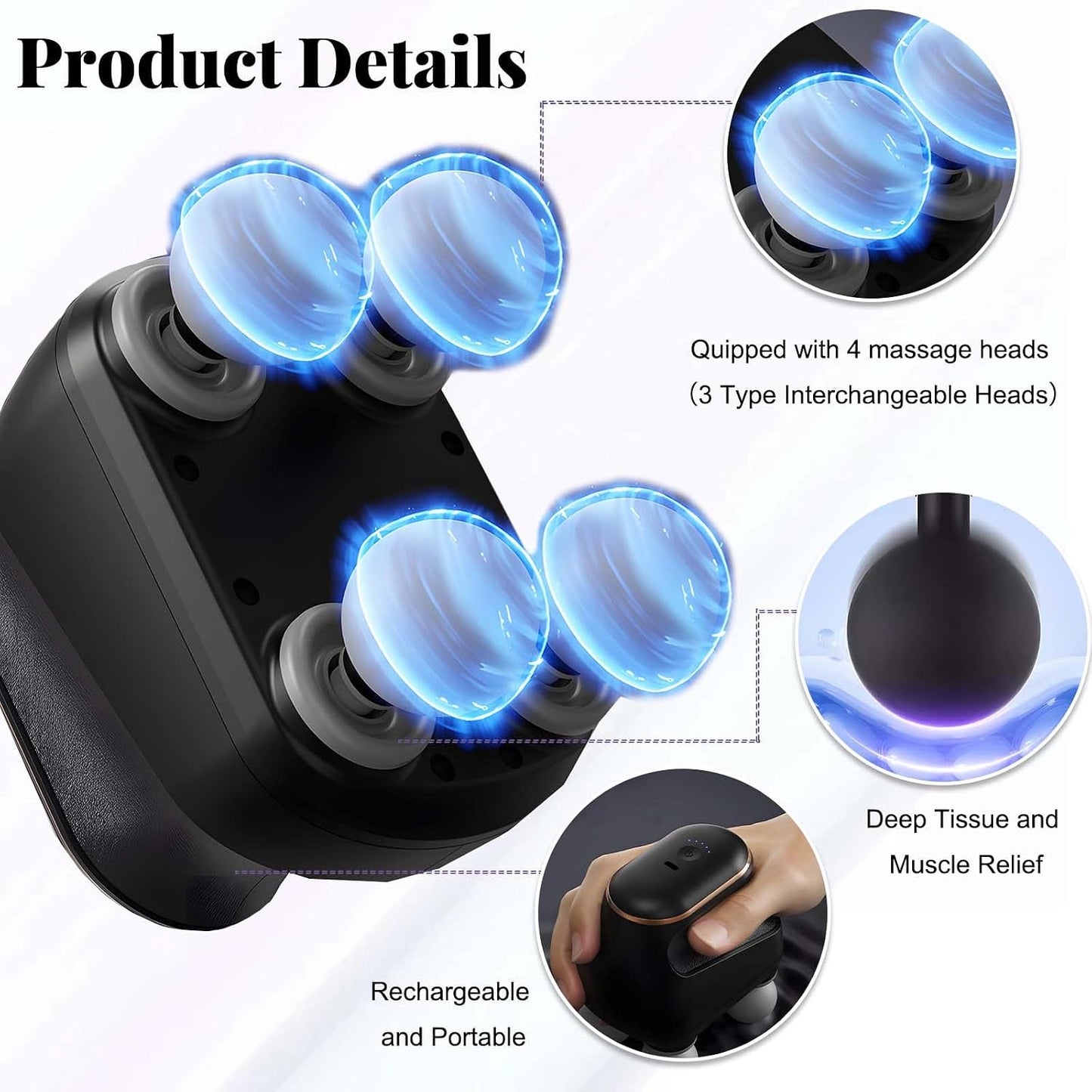2025 New 4-Head Deep Tissue Electric Percussion Massager for Muscle Relaxation - 5 Adjustable Levels, Rechargeable Vibration Massage Device for Neck, Back, Shoulder, Leg (Black)