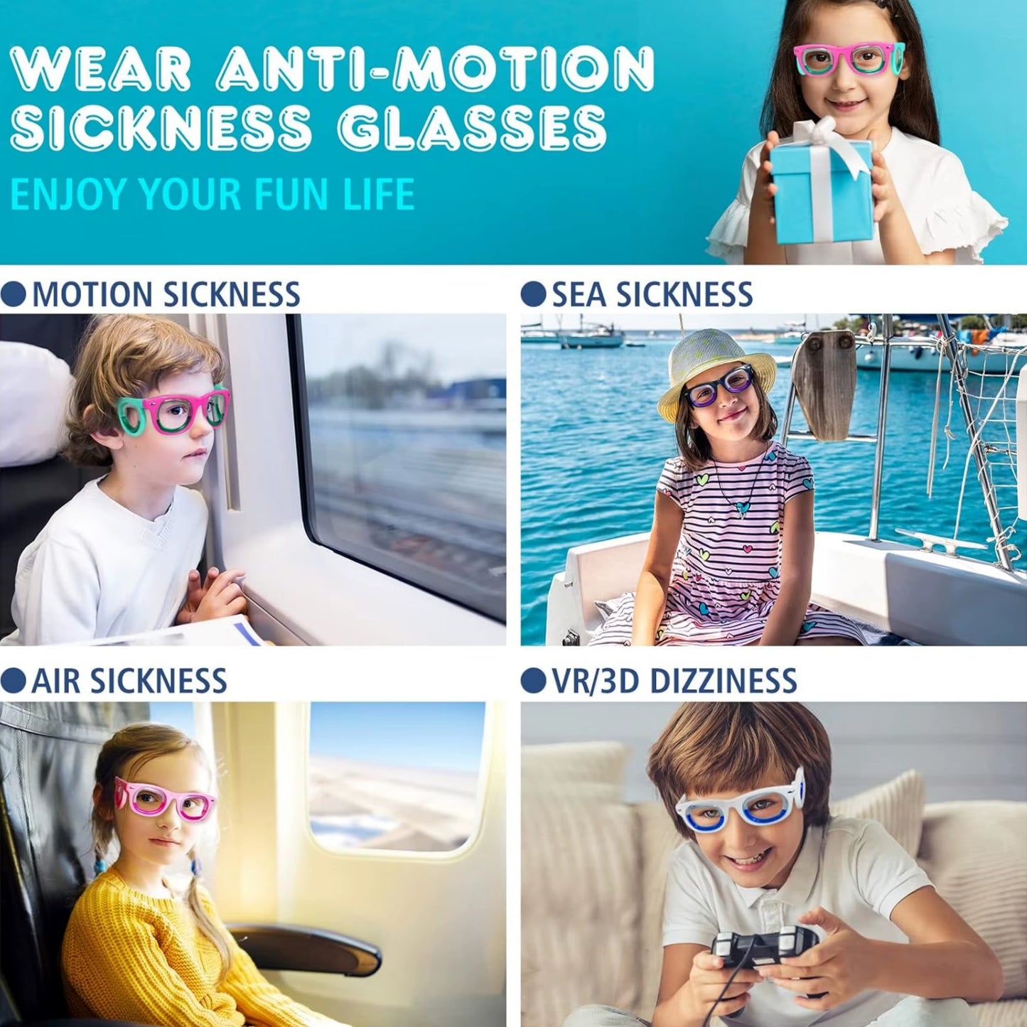 Kids' Motion Sickness Glasses - Ultra-Light Travel Essential for Car/Air/Sea and Cruise | Nausea Relief