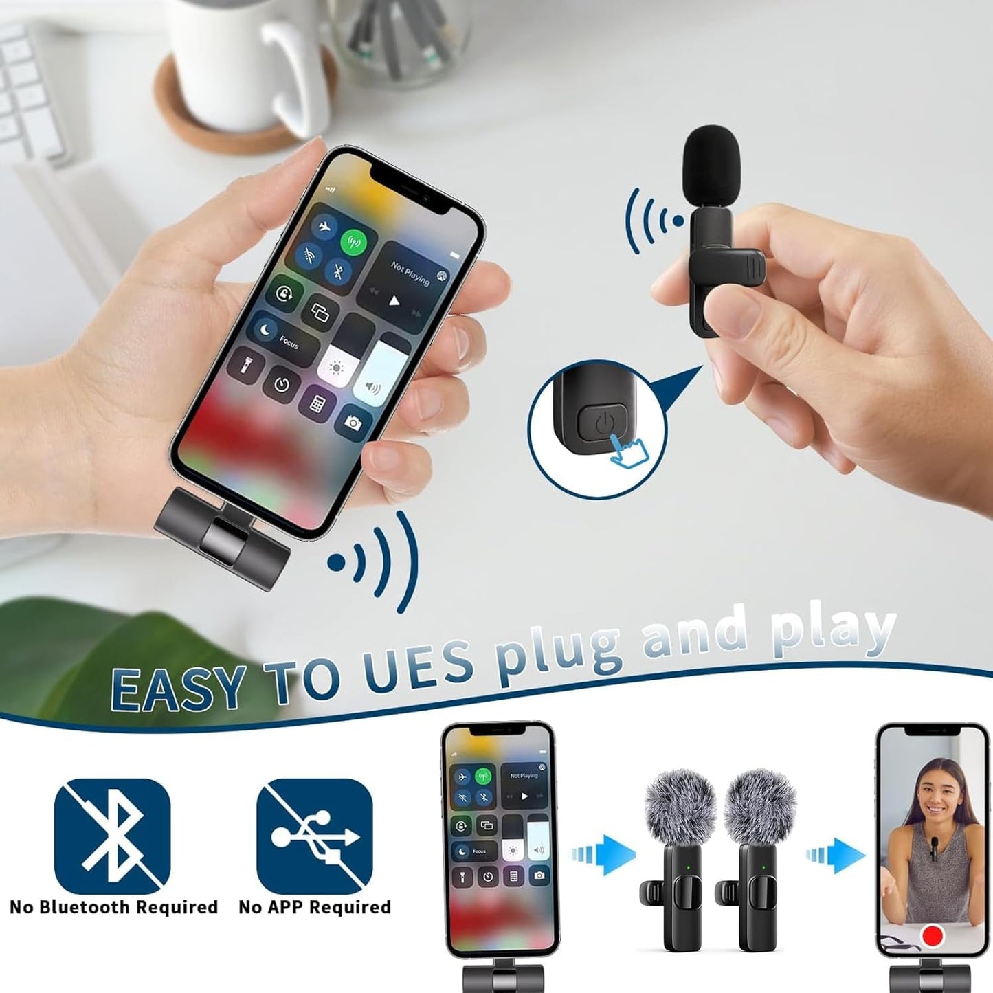 Professional Wireless Lavalier Microphone for Iphone, Ipad, Android Phone, Mini Microphone, Wireless Lapel Mic for Video Recording, Interview Podcast Vlog Youtube Tiktok for Content Creators