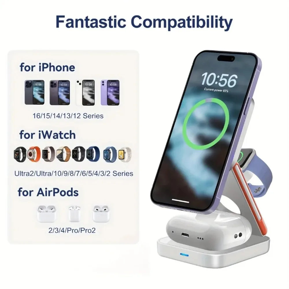 3 in 1 Foldable Magnetic Wireless Charger Stand Fast Charging Station for Iphone 16 15 14 13 12 Iwatch 10-2 Airpods Pro Max
