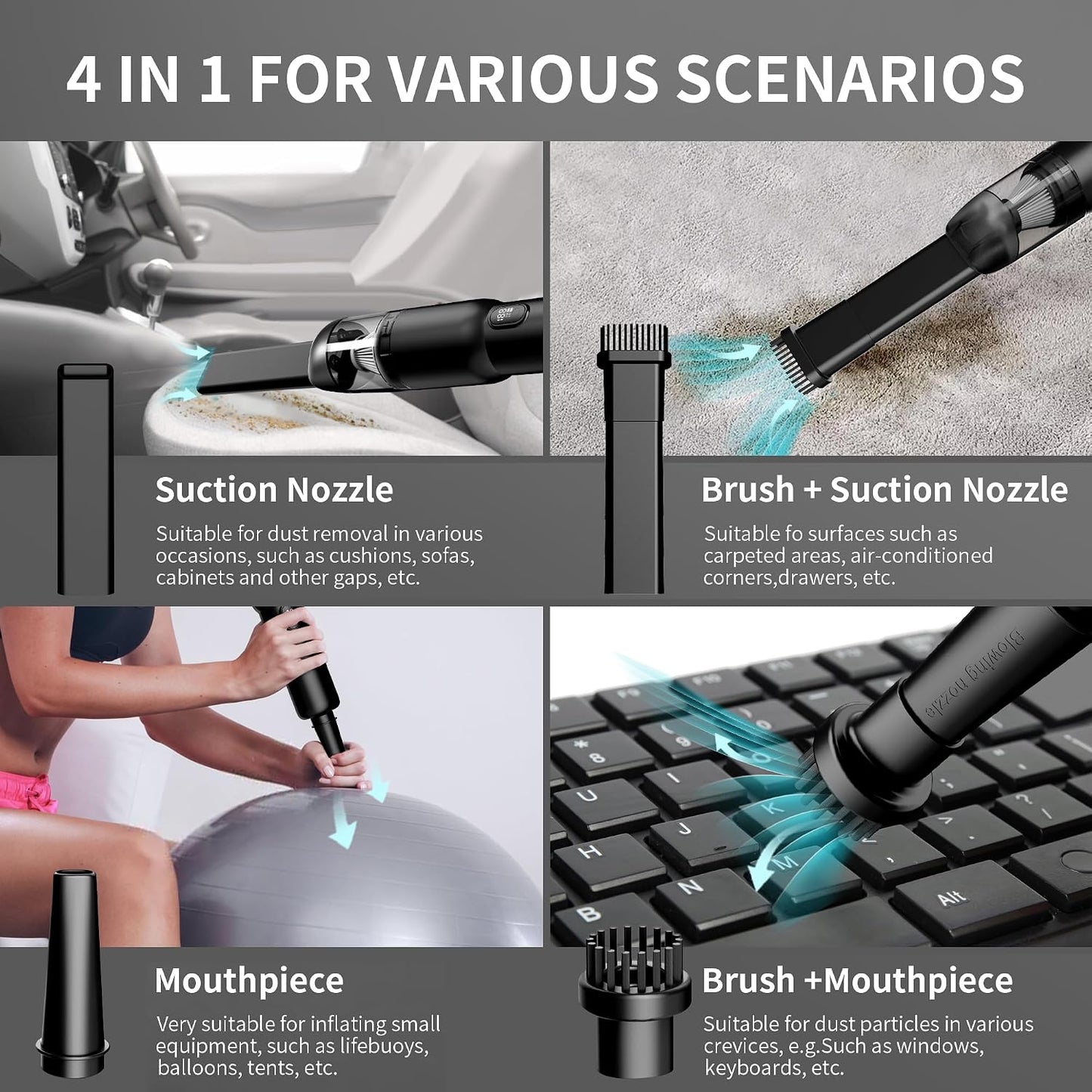 Handheld Car Vacuum Cleaner, Cordless Portable 20KPA Powerful Suction with LED Light, 2-In-1 Air Inflator, Low Noise Rechargeable Mini for Car Home Pet Office